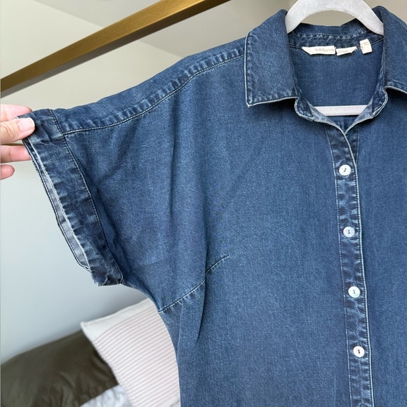 Soft Surroundings Denim Short Sleeve Button Shirt Dress Womens S Blue Midi Slit - Picture 3 of 14